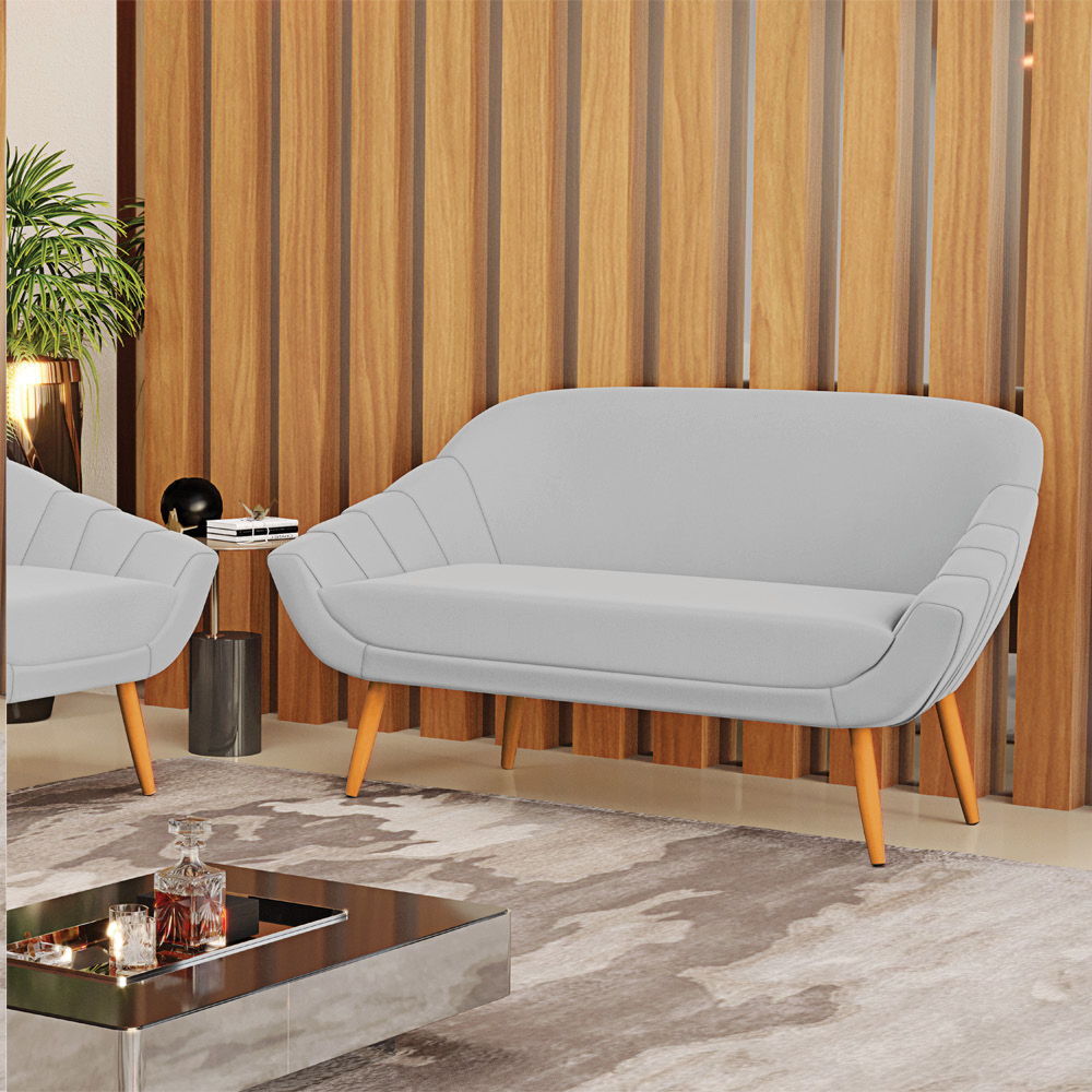 Namoradeira 02 Lugares Giovana Suede Cinza Pés Palito Castanho - D'Rossi