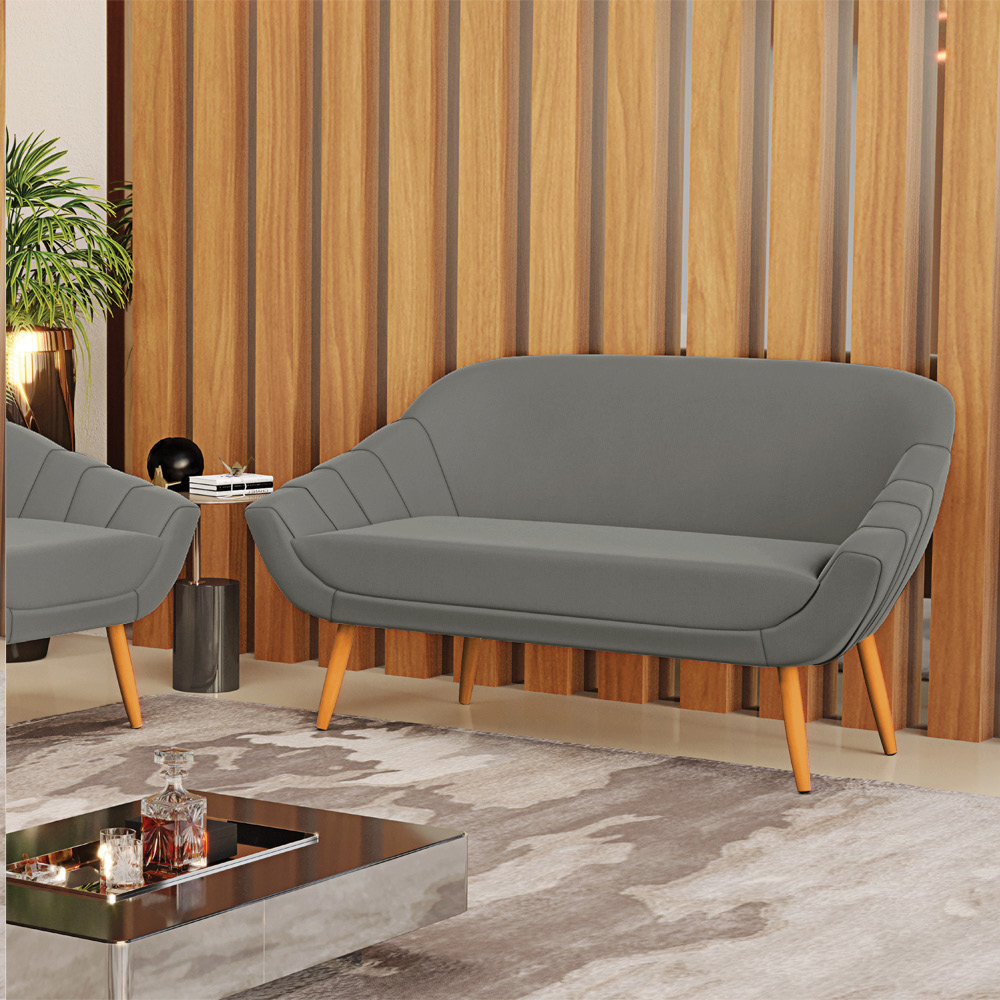 Namoradeira 02 Lugares Giovana Suede Grafite Pés Palito Castanho - D'Rossi