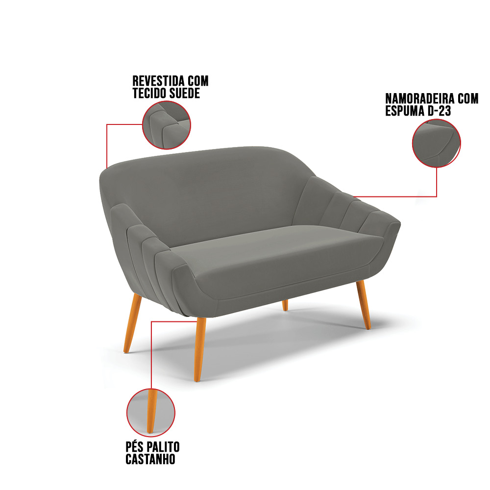 Namoradeira 02 Lugares Giovana Suede Grafite Pés Palito Castanho - D'Rossi