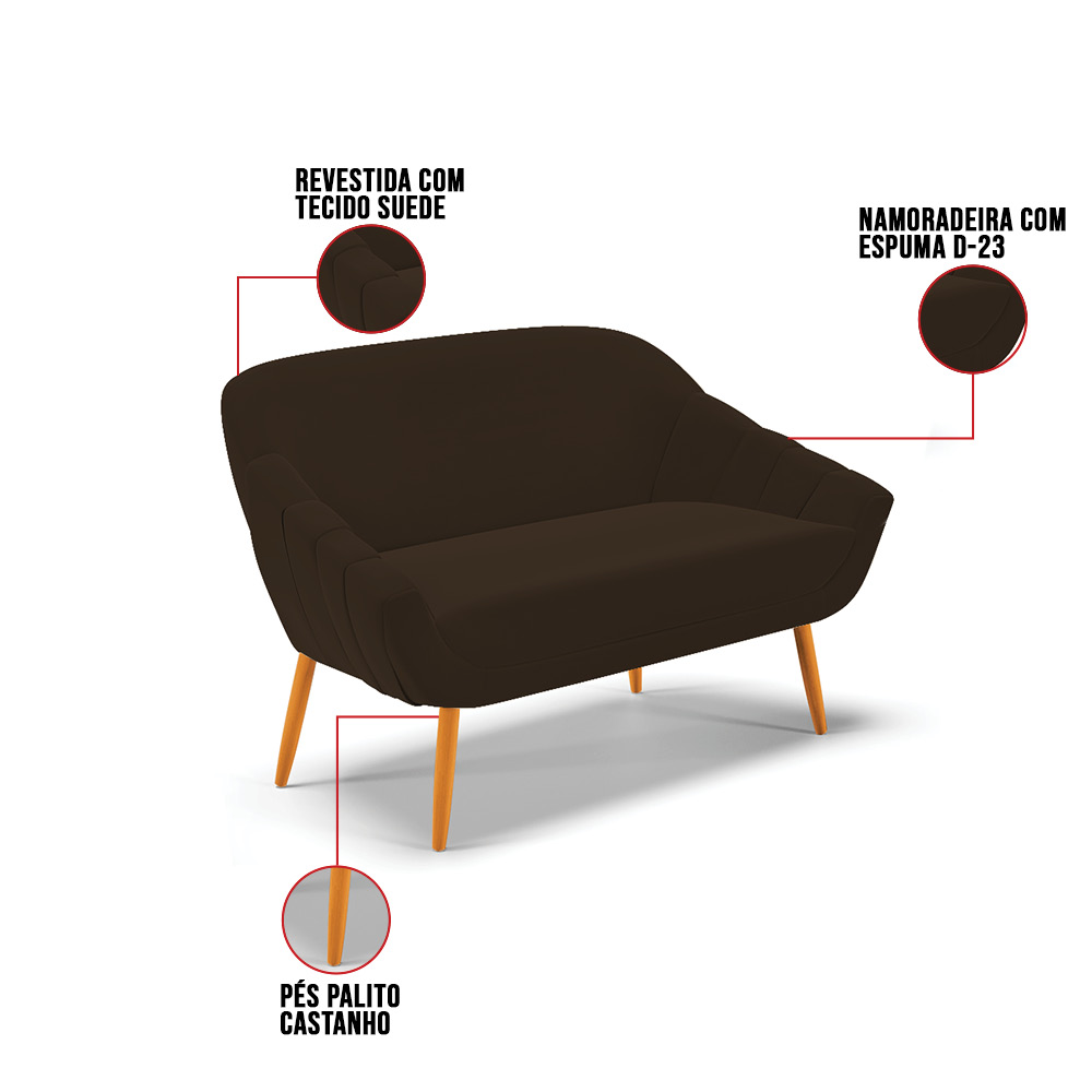 Namoradeira 02 Lugares Giovana Suede Marrom Pés Palito Castanho - D'Rossi