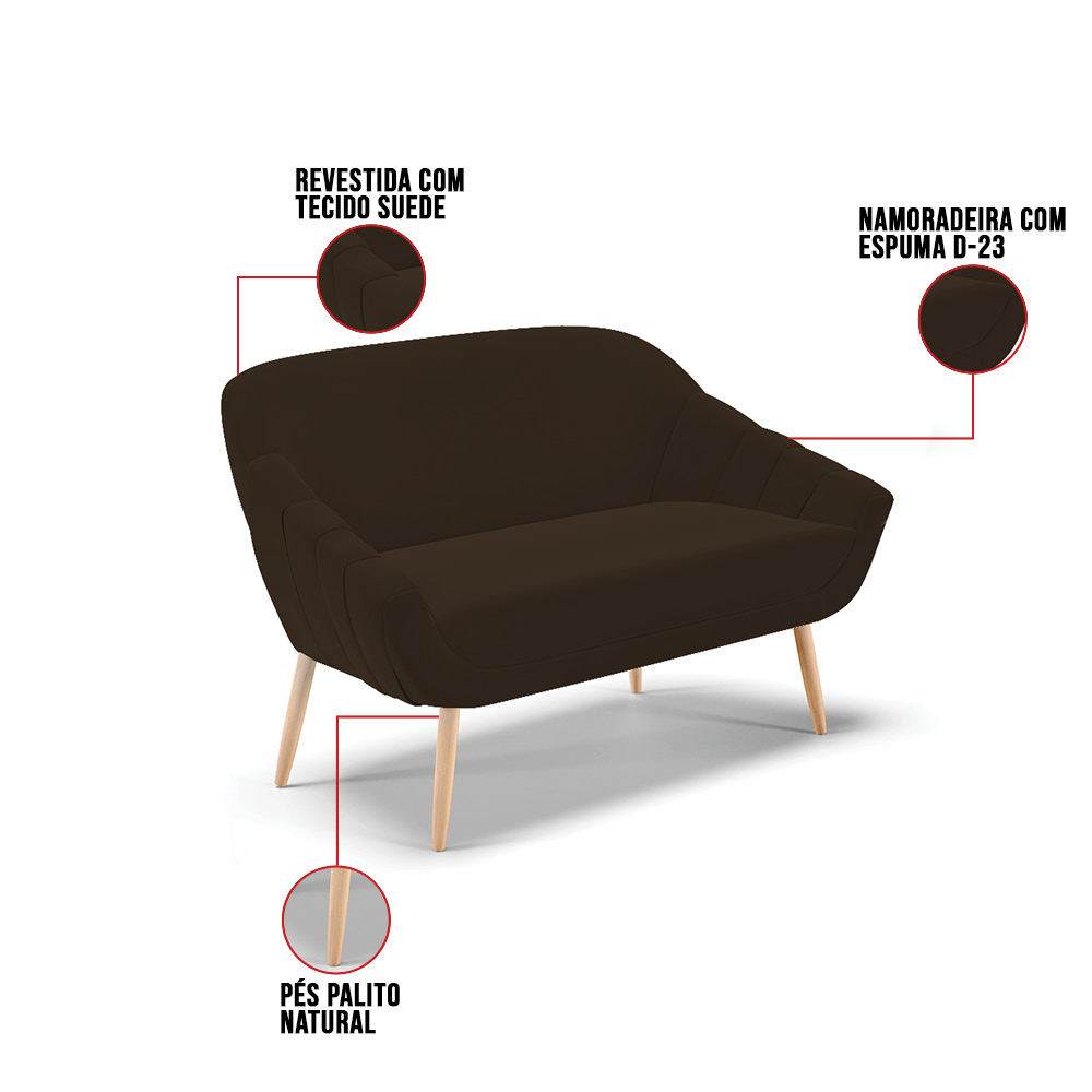 Namoradeira 02 Lugares Giovana Suede Marrom Pés Palito Natural - D'Rossi