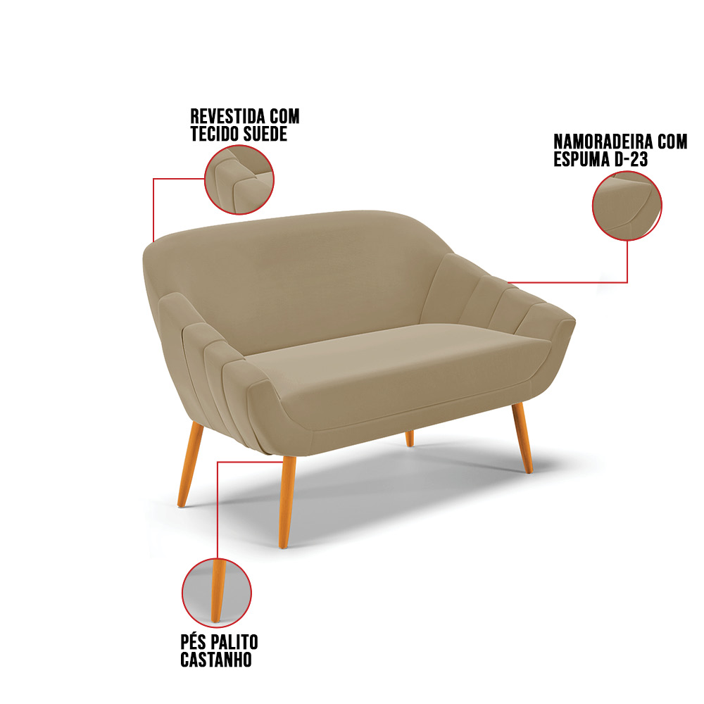 Namoradeira 02 Lugares Giovana Suede Marrom Rato Pés Palito Castanho - D'Rossi