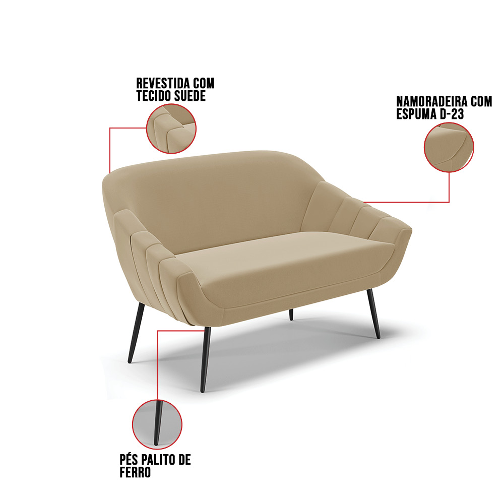 Namoradeira 02 Lugares Giovana Suede Marrom Rato Pés Palito de Ferro - D'Rossi