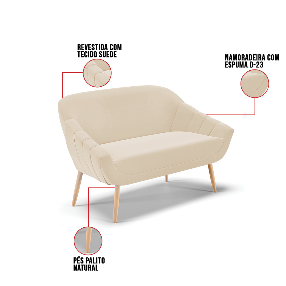 Namoradeira 02 Lugares Giovana Suede Pés Palito Natural - D'Rossi