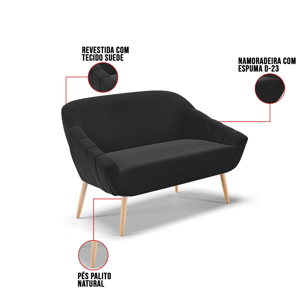 Namoradeira 02 Lugares Giovana Suede Preto Pés Palito Natural - D'Rossi