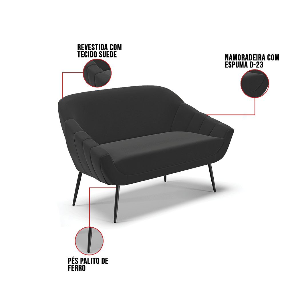 Namoradeira 02 Lugares Giovana Suede Preto Pés Palito de Ferro - D'Rossi