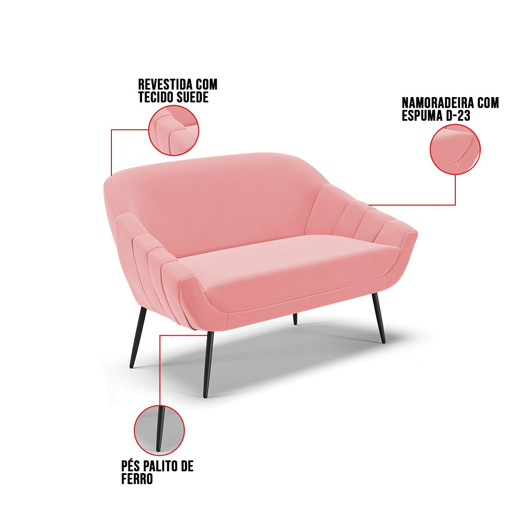 Namoradeira 02 Lugares Giovana Suede Rosê Pés Palito de Ferro - D'Rossi