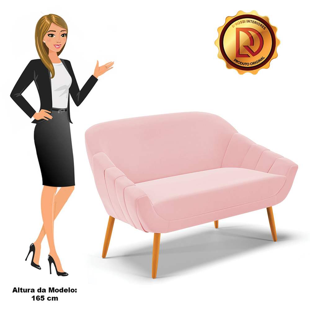 Namoradeira 02 Lugares Giovana Suede Rosa Bebê Pés Palito Castanho - D'Rossi