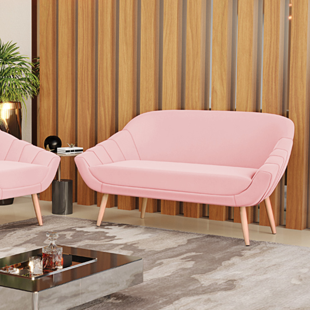 Namoradeira 02 Lugares Giovana Suede Rosa Bebê Pés Palito Natural - D'Rossi