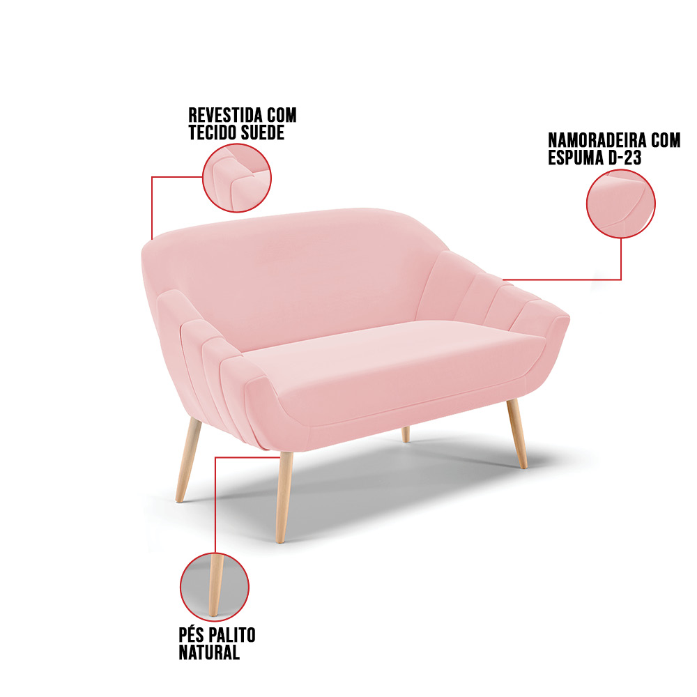 Namoradeira 02 Lugares Giovana Suede Rosa Bebê Pés Palito Natural - D'Rossi