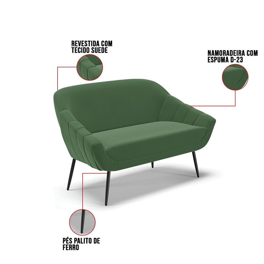 Namoradeira 02 Lugares Giovana Suede Verde Pés Palito de Ferro - D'Rossi