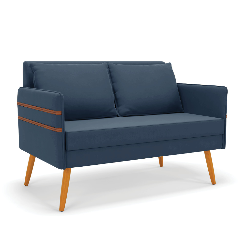 Namoradeira 02 Lugares Mari Suede Azul Marinho Pés Palito Castanho - D'Rossi