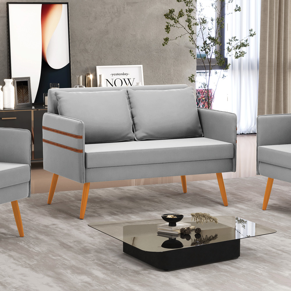 Namoradeira 02 Lugares Mari Suede Cinza Pés Palito Castanho - D'Rossi