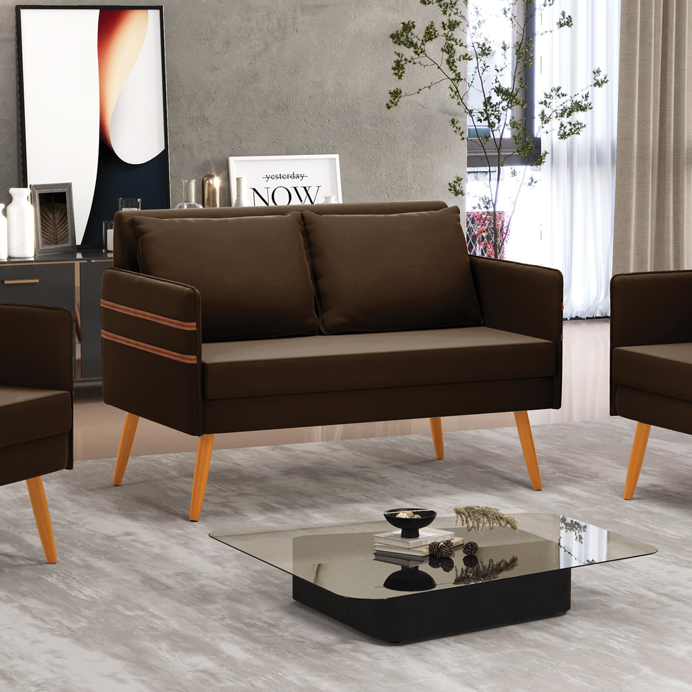 Namoradeira 02 Lugares Mari Suede Marrom Pés Palito Castanho - D'Rossi
