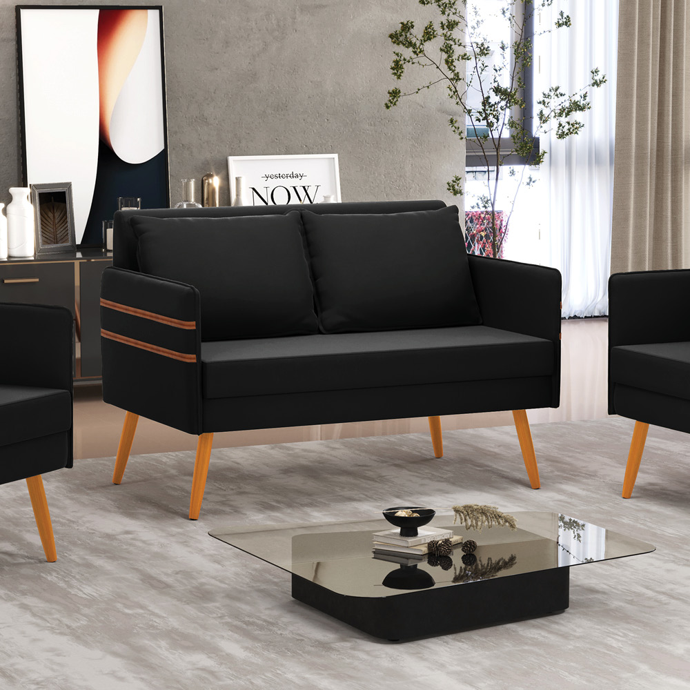 Namoradeira 02 Lugares Mari Suede Preto Pés Palito Castanho - D'Rossi