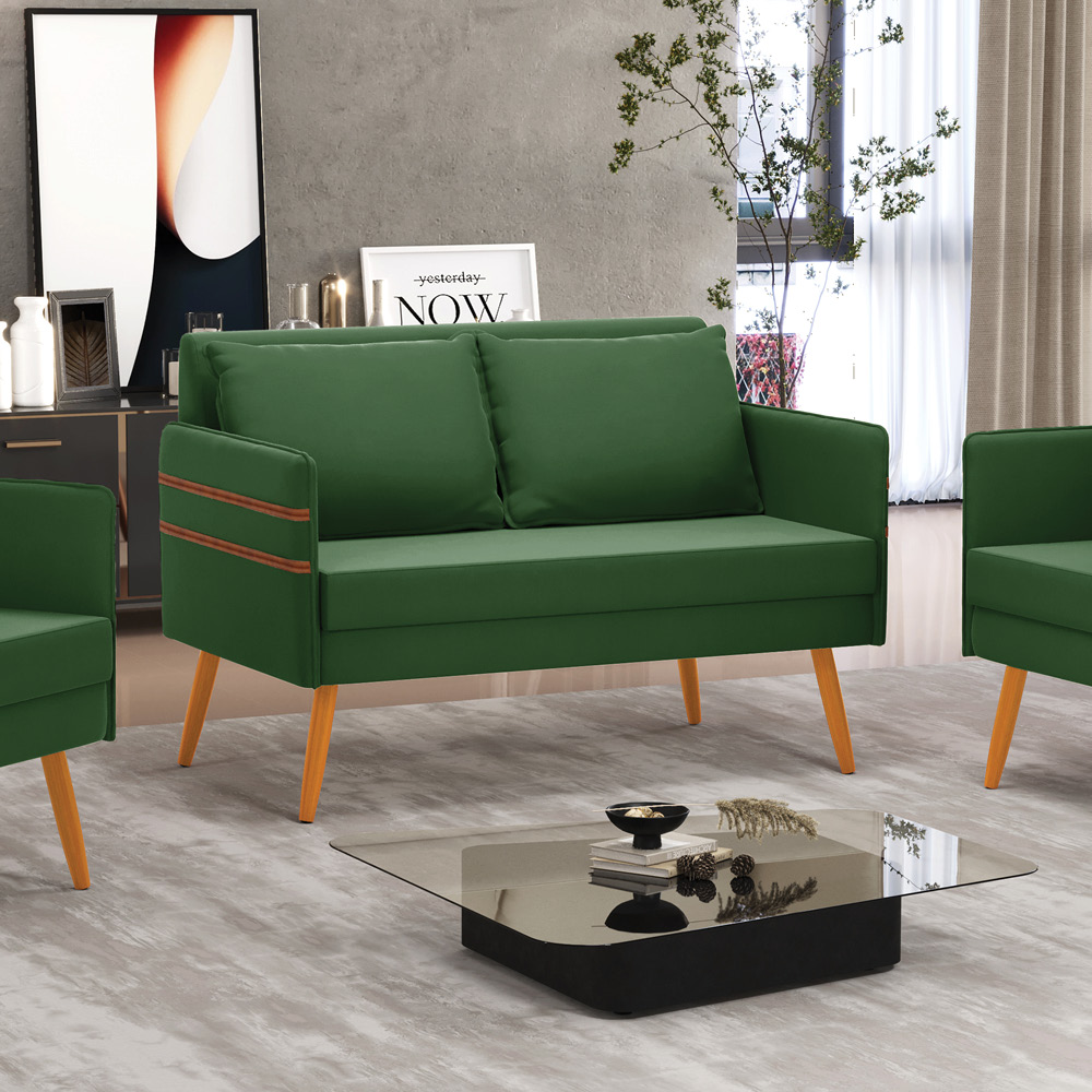 Namoradeira 02 Lugares Mari Suede Verde Pés Palito Castanho - D'Rossi