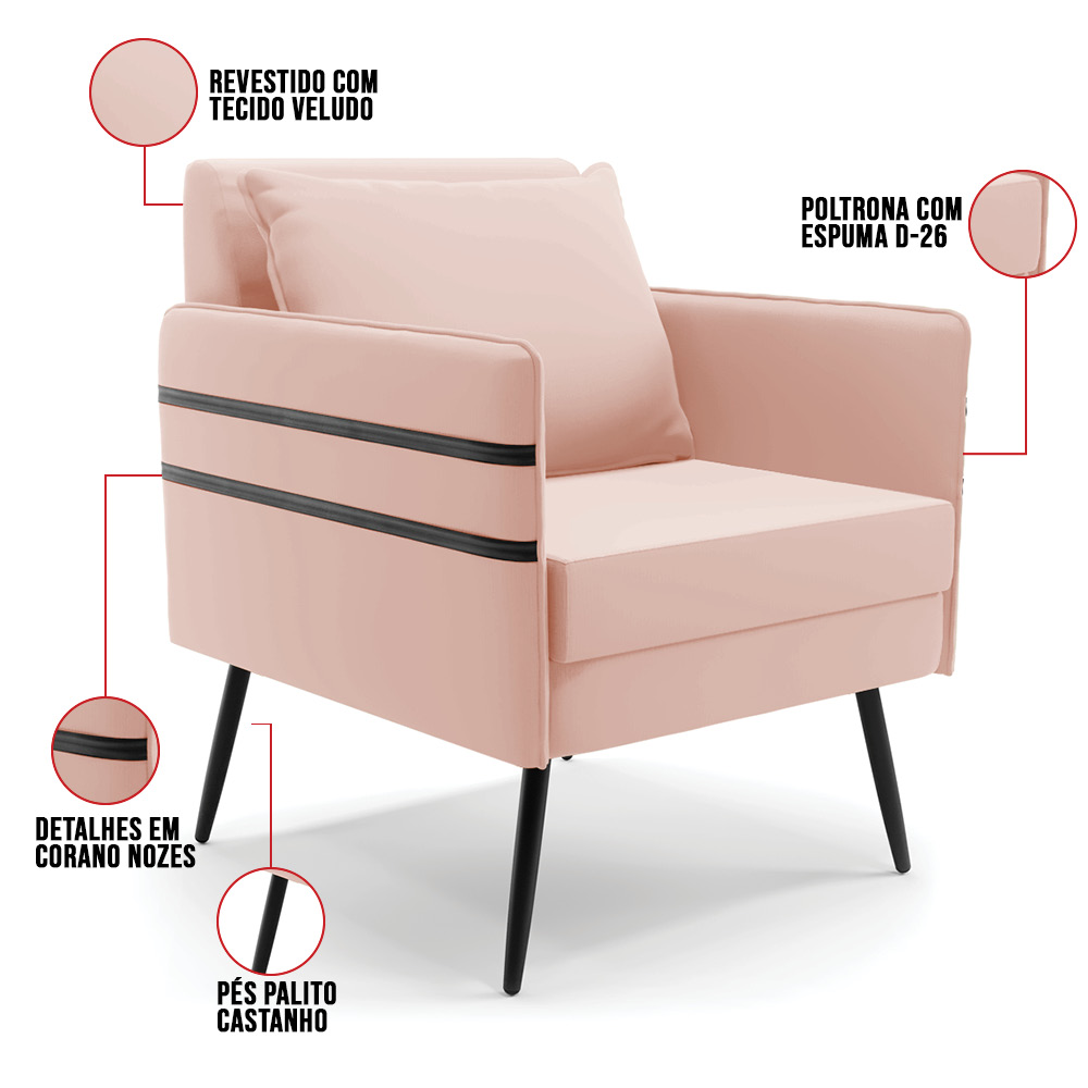 Namoradeira 02 Lugares Mari Veludo Rosê Pés Palito Castanho - D'Rossi