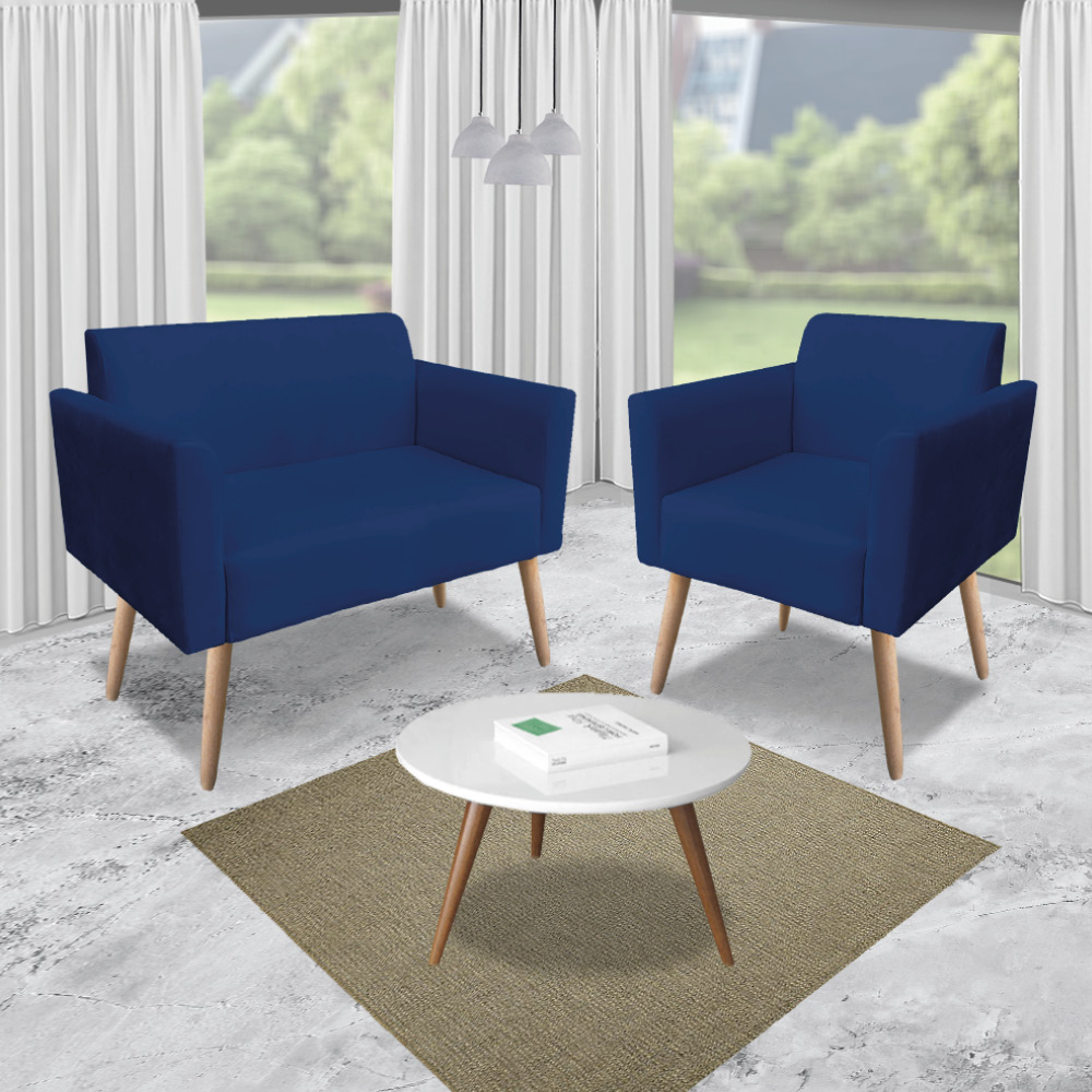 Namoradeira 02 Lugares Marisa Suede Azul Marinho Pés Palito Natural D'Rossi
