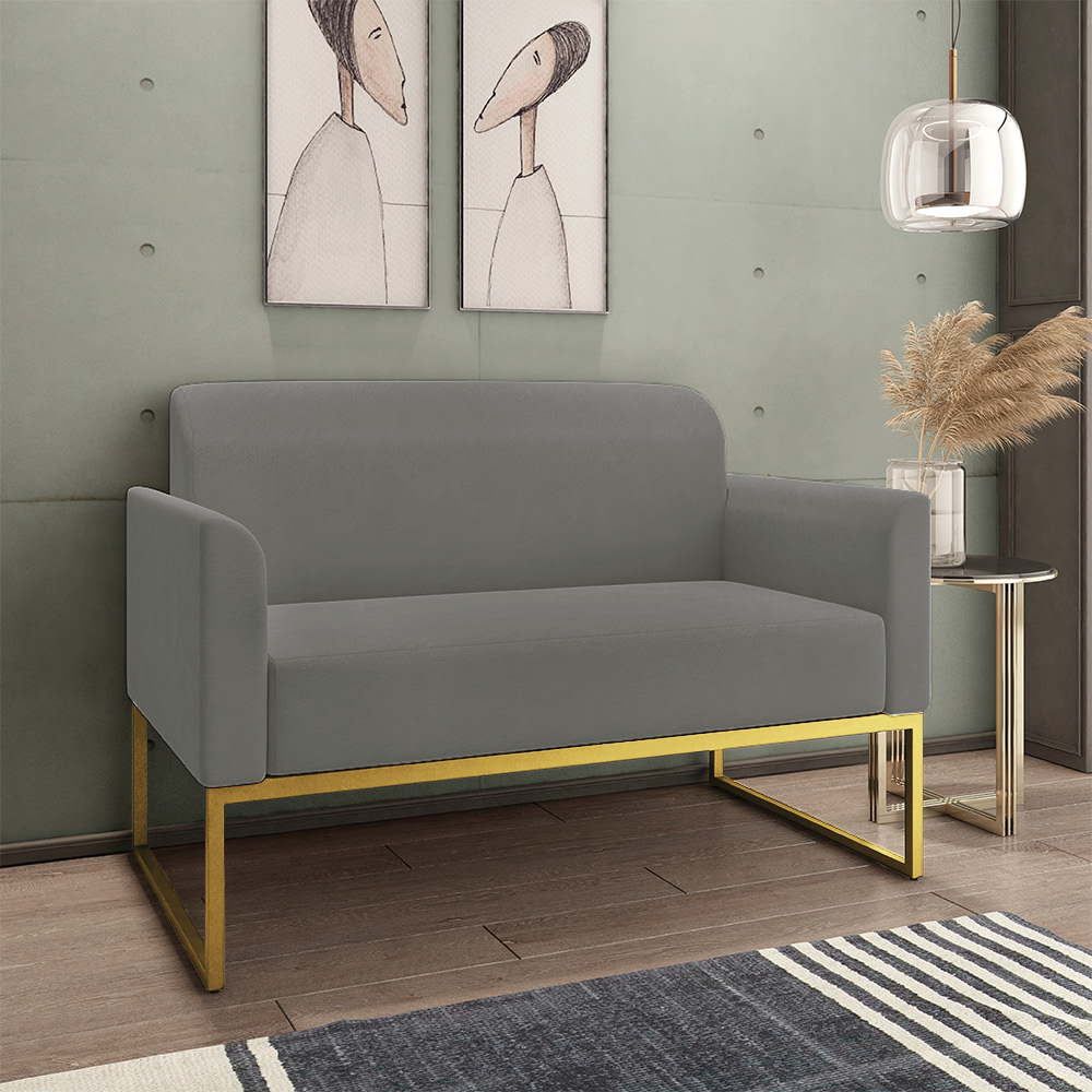 Namoradeira 02 Lugares Marisa Suede Grafite Base Industrial Metálica Dourado D'Rossi