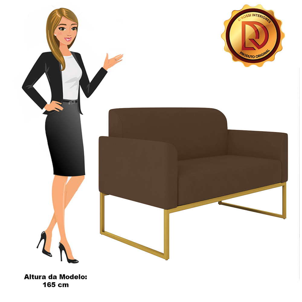 Namoradeira 02 Lugares Marisa Suede Marrom Base Industrial Metálica Dourado D'Rossi