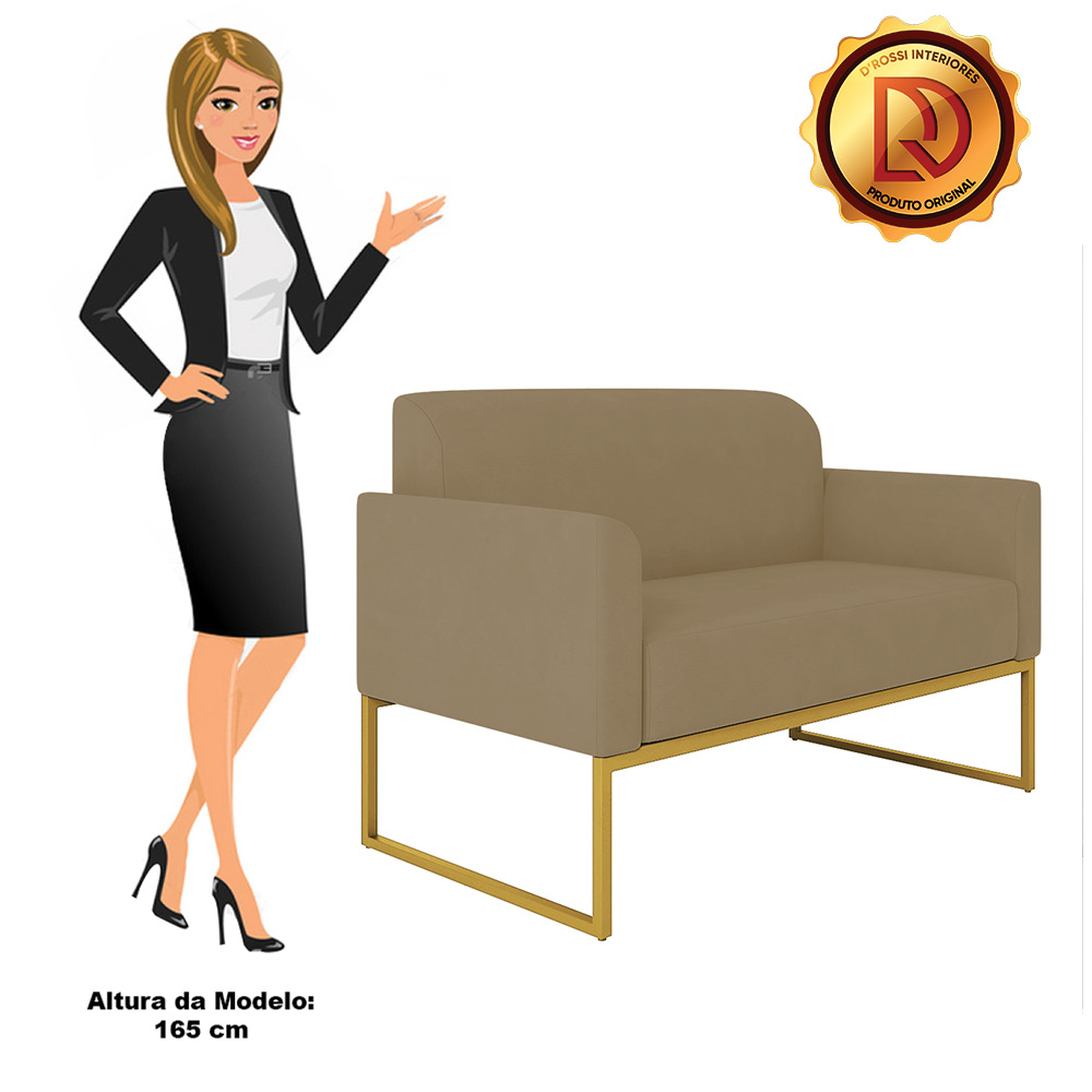 Namoradeira 02 Lugares Marisa Suede Marrom Rato Base Industrial Metálica Dourado D'Rossi
