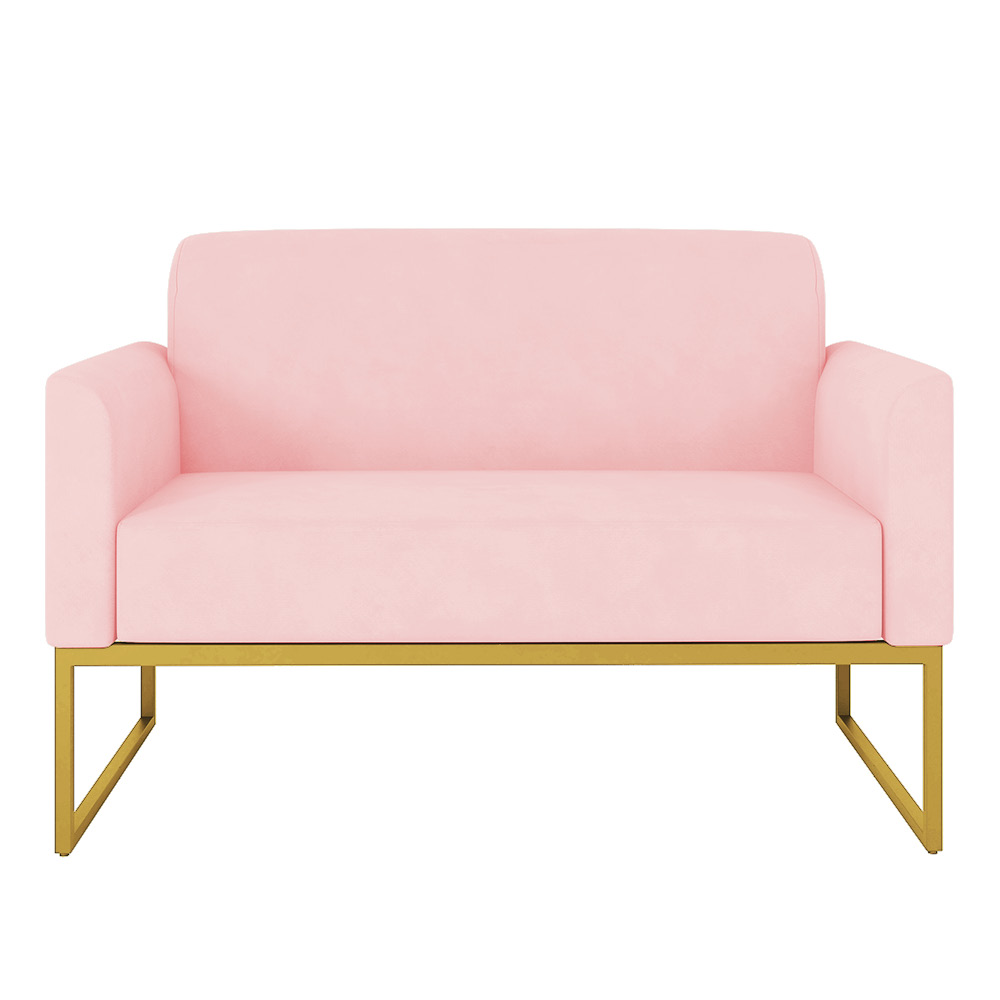 Namoradeira 02 Lugares Marisa Suede Rosa Bebê Base Industrial Metálica Dourado D'Rossi