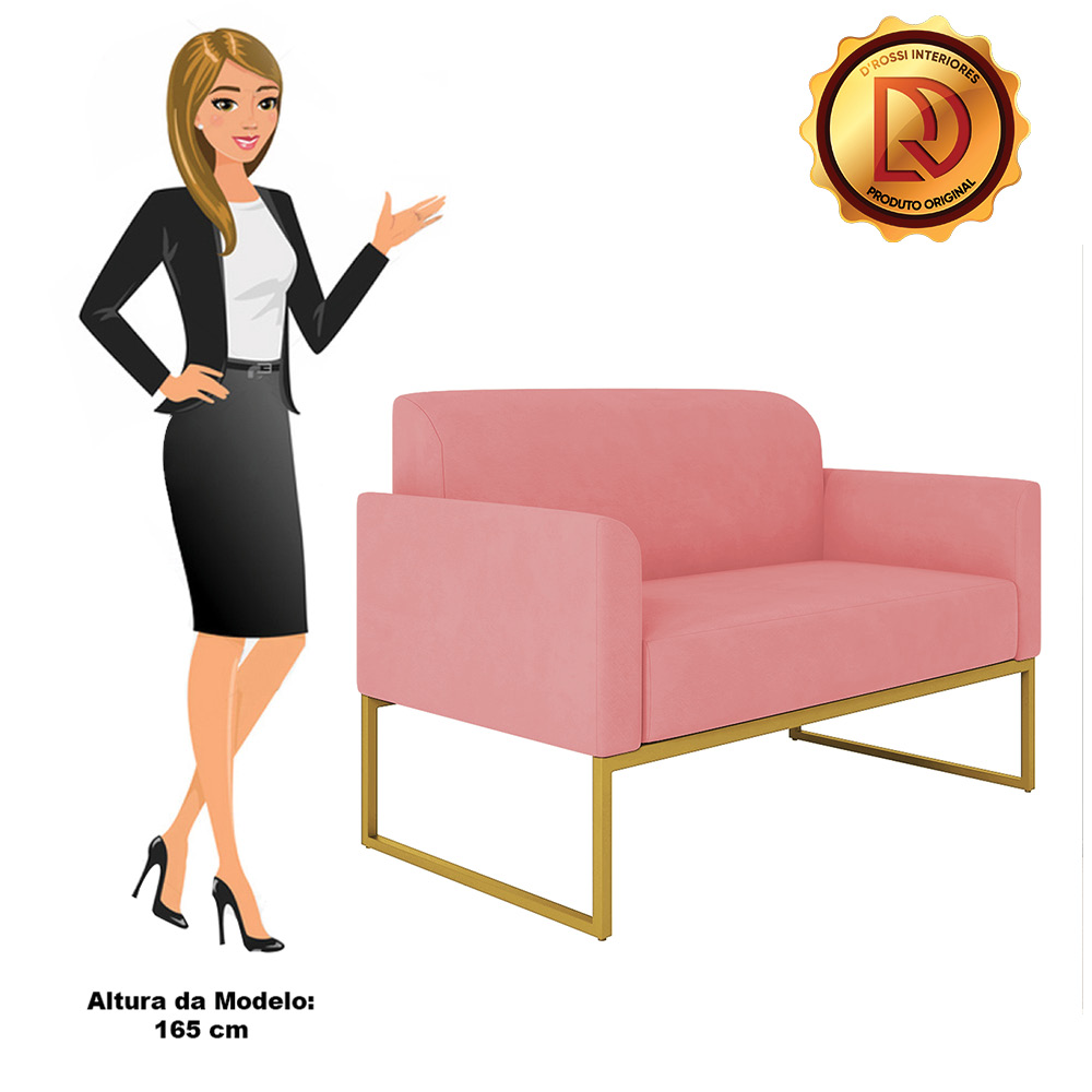 Namoradeira 02 Lugares Marisa Suede Rose Base Industrial Metálica Dourado D'Rossi