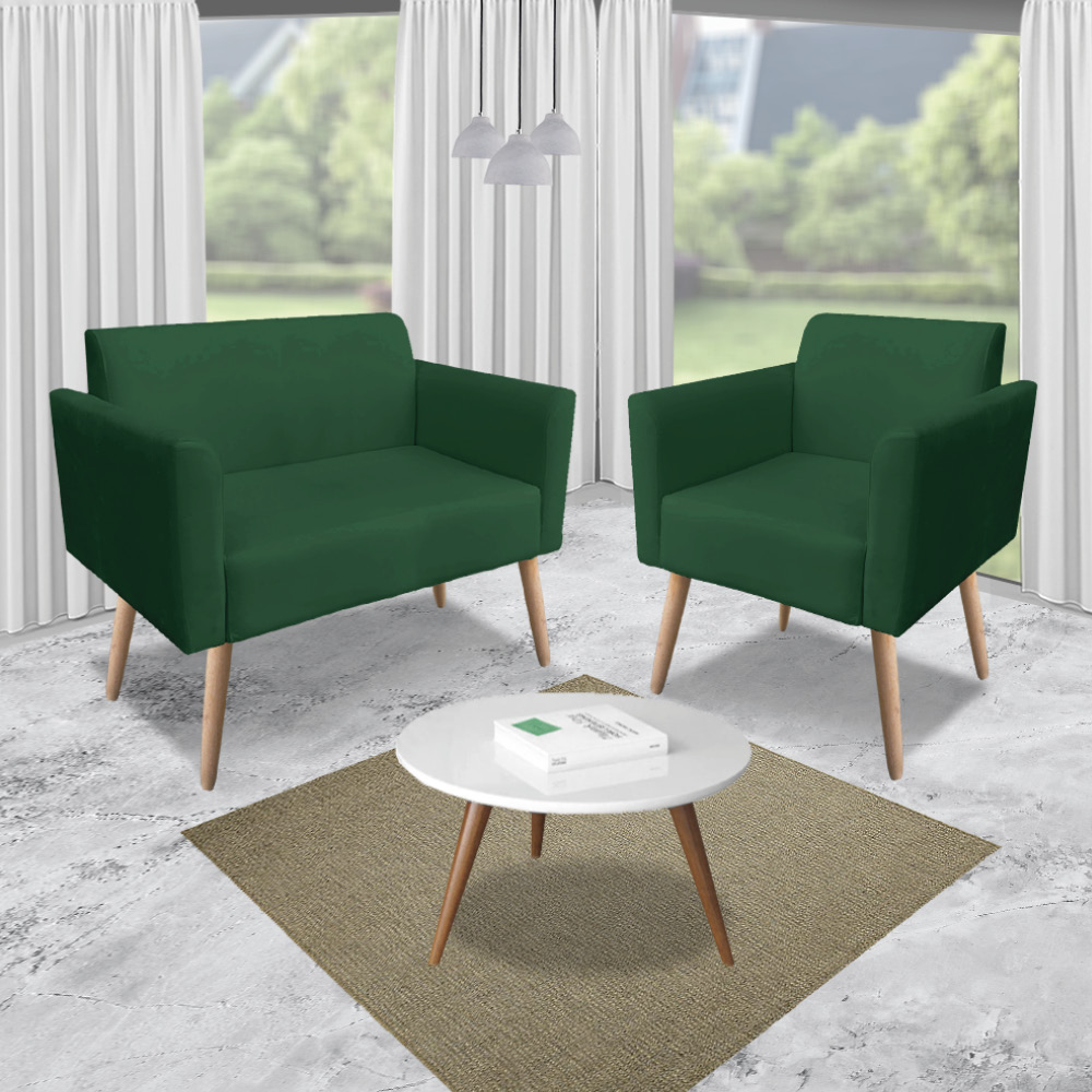 Namoradeira 02 Lugares Marisa Suede Verde Pés Palito Natural D'Rossi