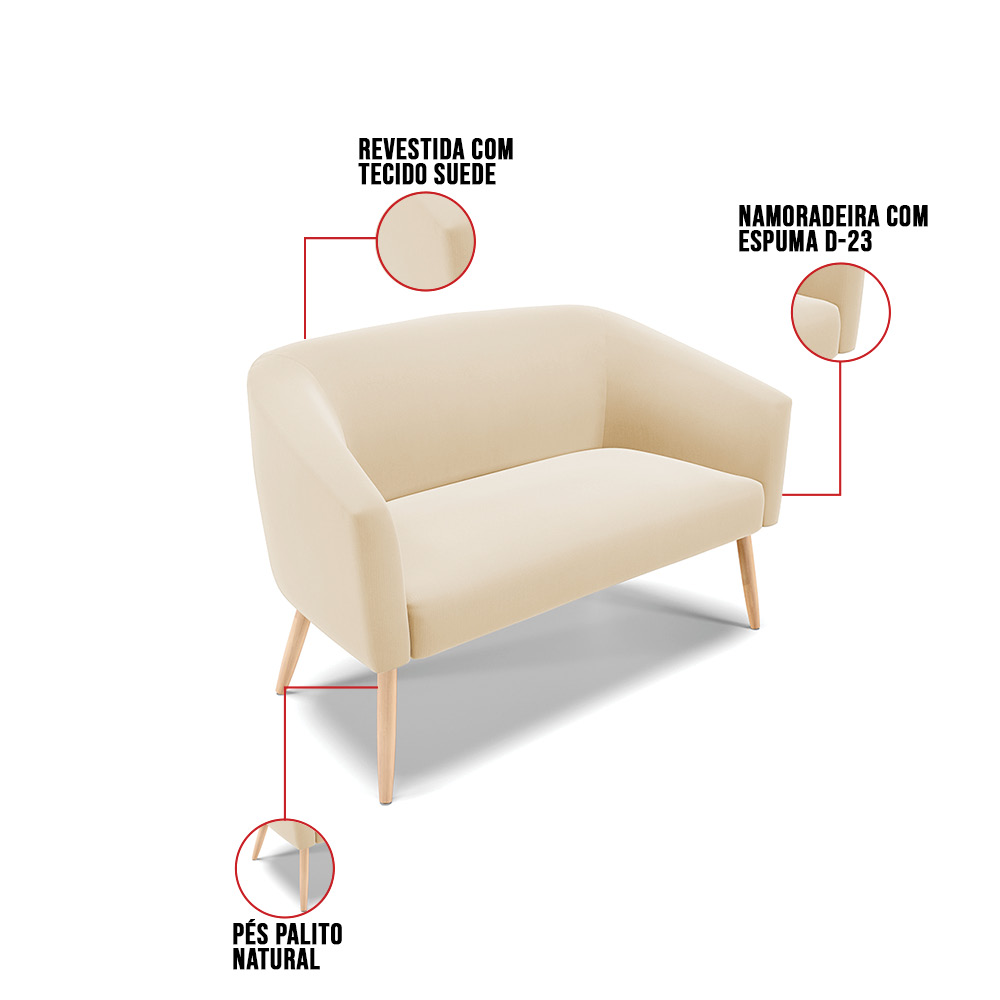 Namoradeira 02 Lugares Stella Suede Bege Pés Palito Natural D'Rossi