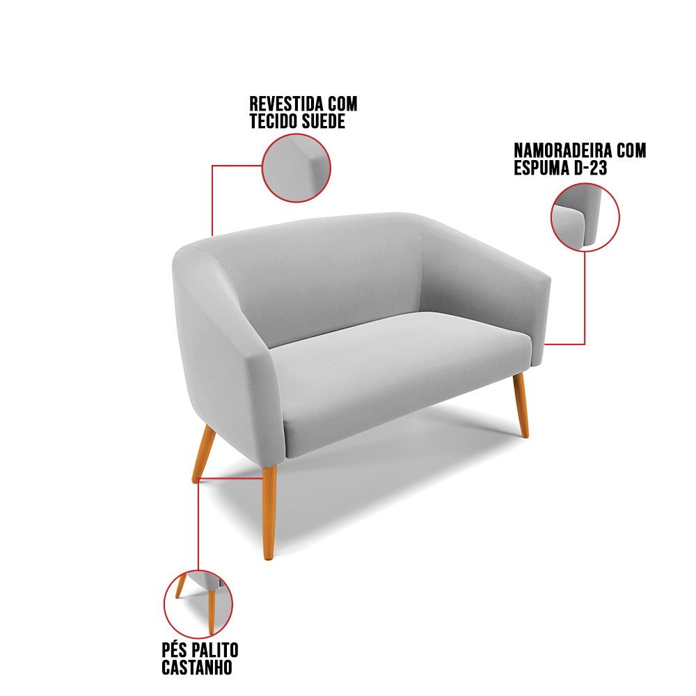 Namoradeira 02 Lugares Stella Suede Cinza Pés Palito Castanho D'Rossi
