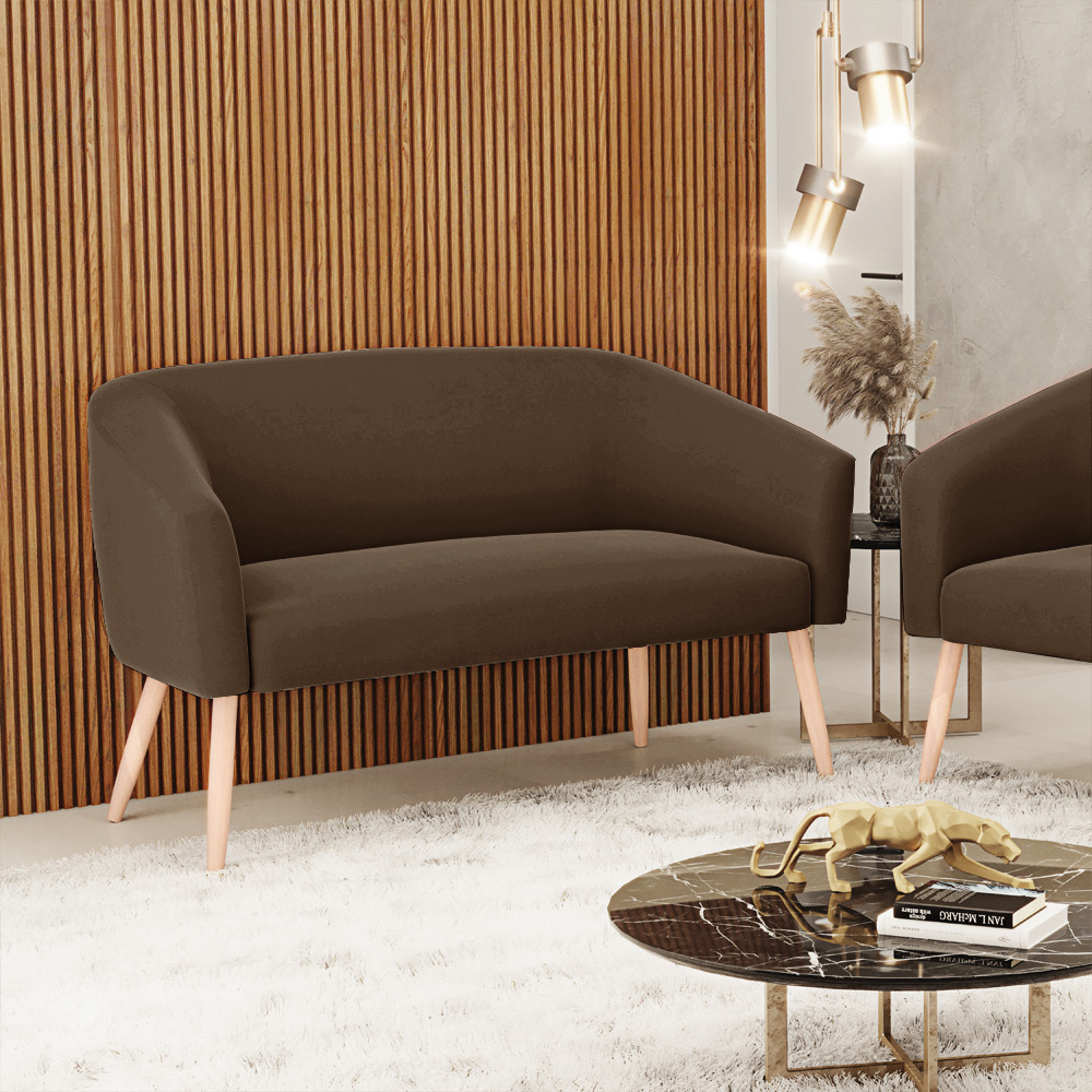 Namoradeira 02 Lugares Stella Suede Marrom Pés Palito Natural - D'Rossi