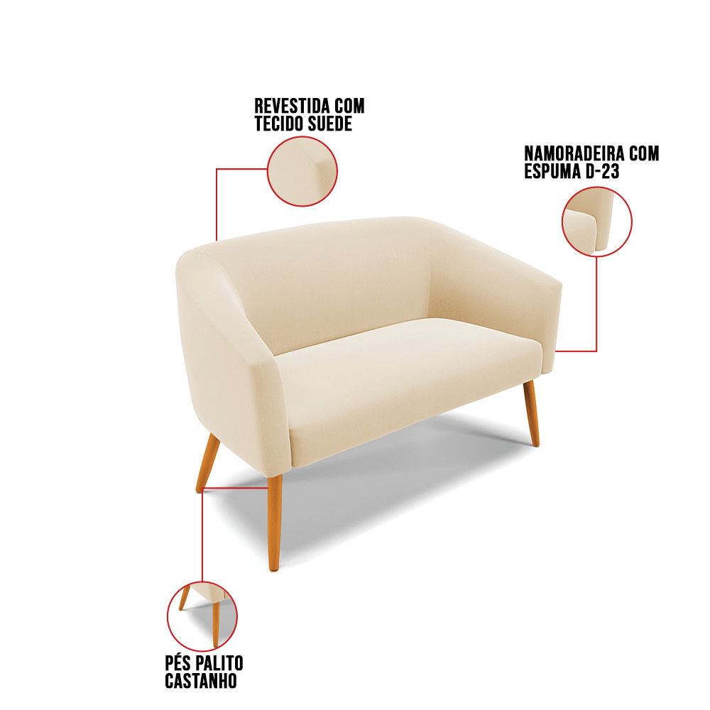 Namoradeira 02 Lugares Stella Suede Pés Palito Castanho - D'Rossi