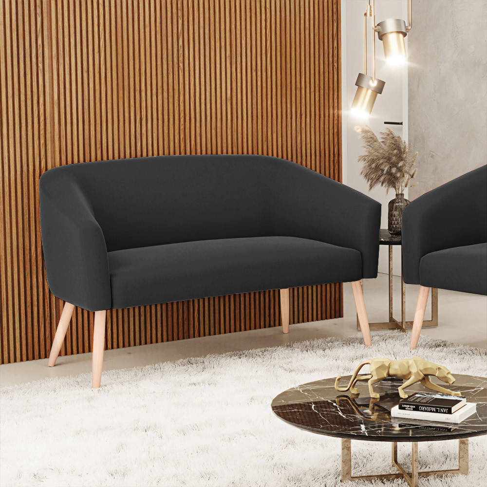 Namoradeira 02 Lugares Stella Suede Preto Pés Palito Natural - D'Rossi