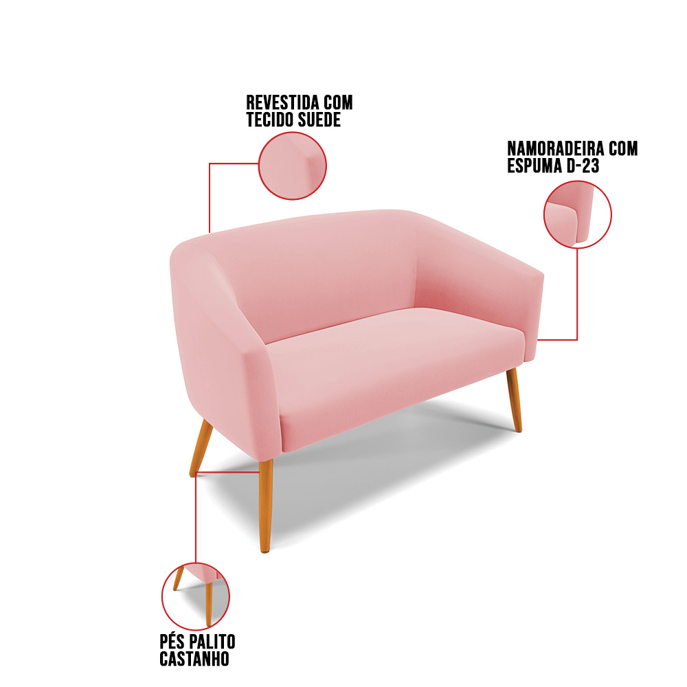 Namoradeira 02 Lugares Stella Suede Rosê Pés Palito Castanho - D'Rossi