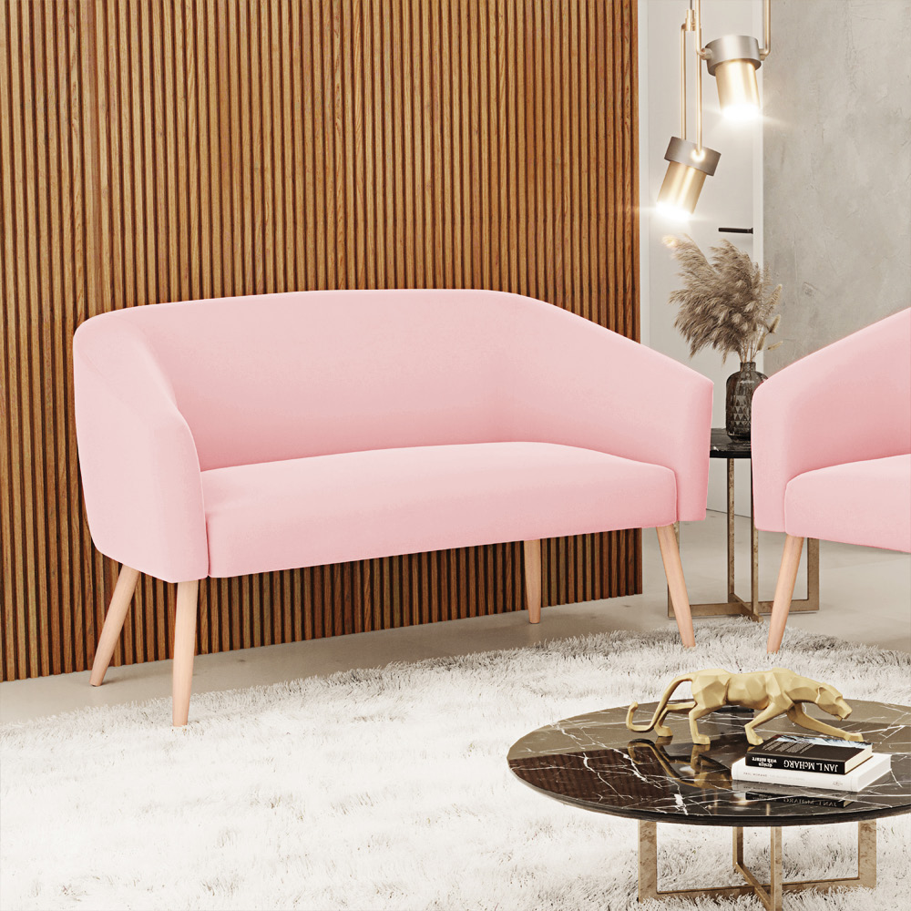 Namoradeira 02 Lugares Stella Suede Rosa Bebê Pés Palito Natural - D'Rossi