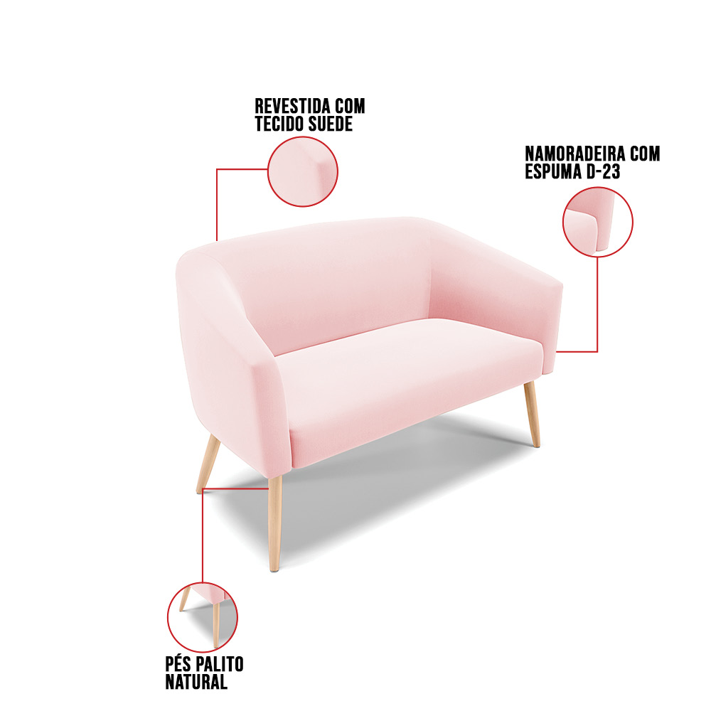 Namoradeira 02 Lugares Stella Suede Rosa Bebê Pés Palito Natural - D'Rossi
