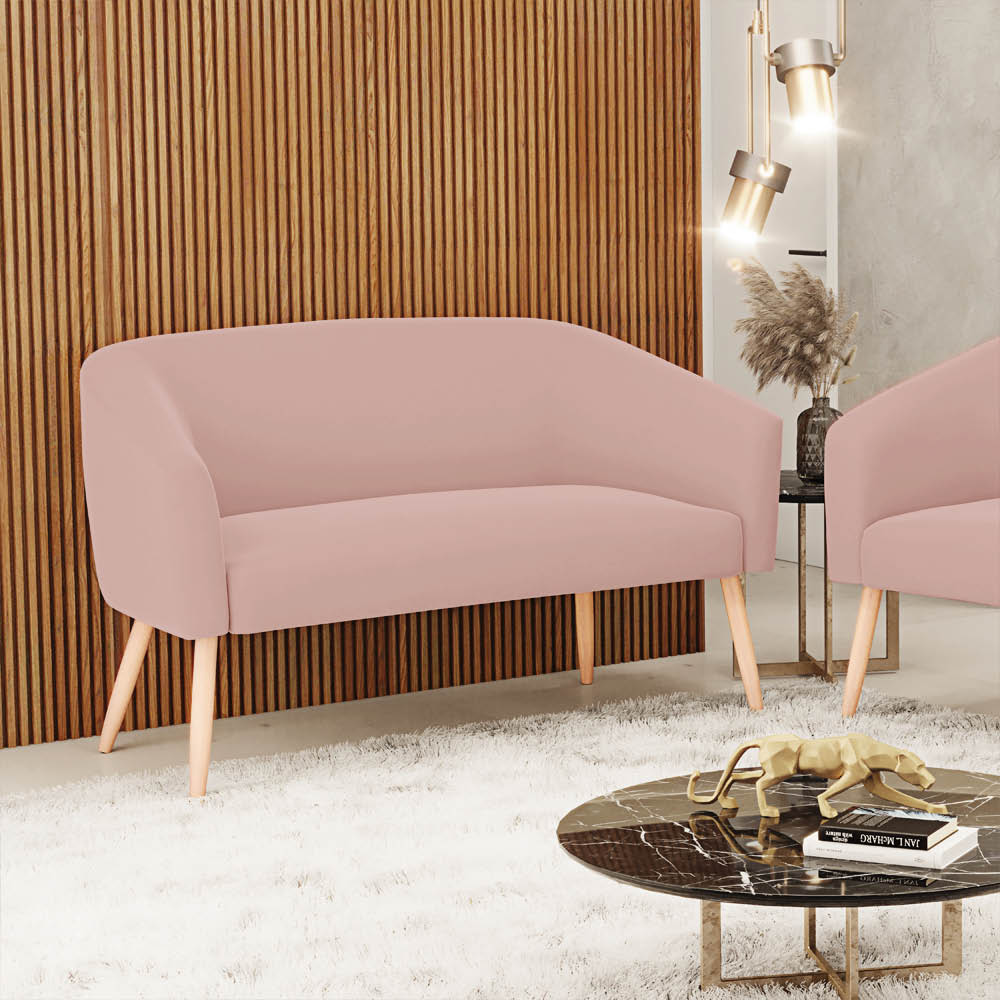 Namoradeira 02 Lugares Stella Veludo Rosê Pés Palito Natural - D'Rossi