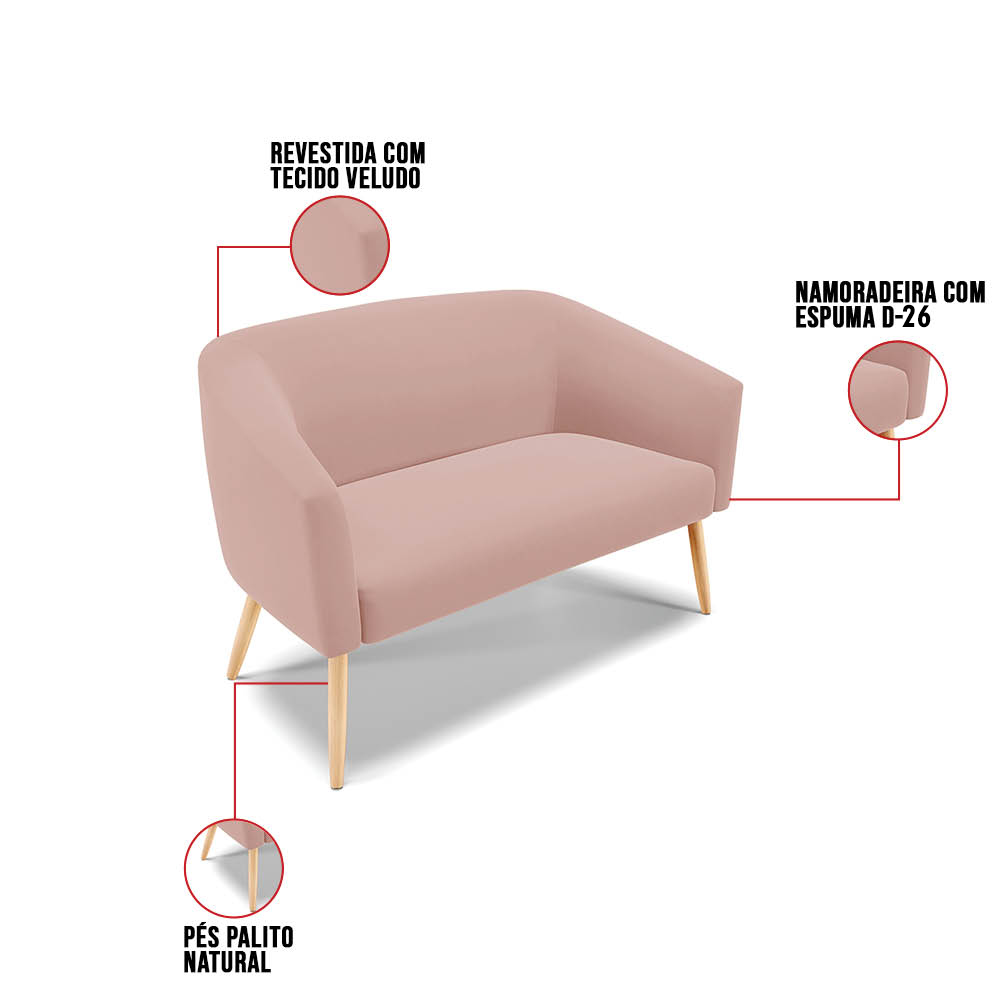 Namoradeira 02 Lugares Stella Veludo Rosê Pés Palito Natural - D'Rossi