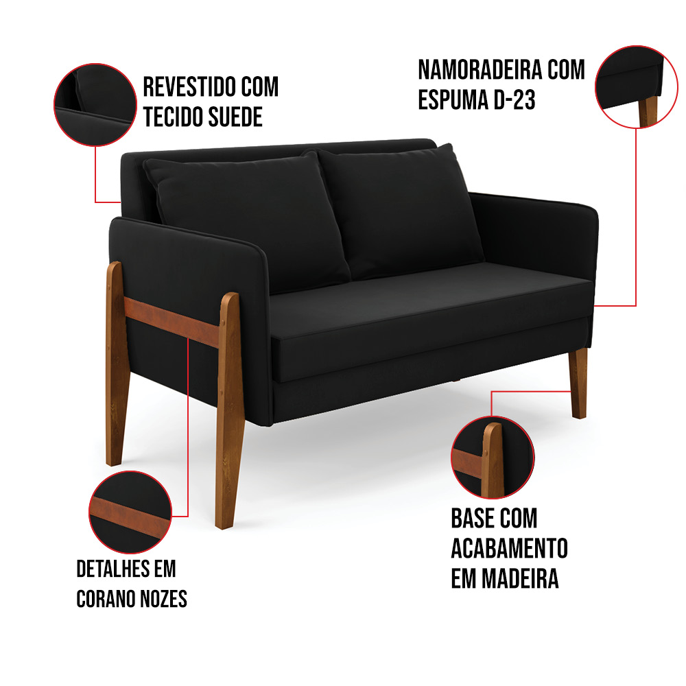 Namoradeira 2 Lugares Lana Suede Preto Base de Madeira - D'Rossi