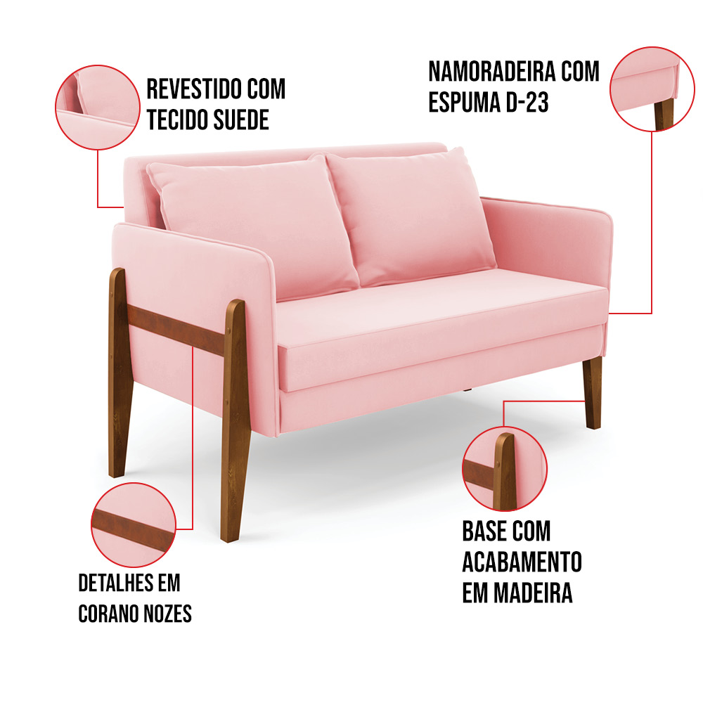 Namoradeira 2 Lugares Lana Suede Rosa Bebê Base de Madeira - D'Rossi