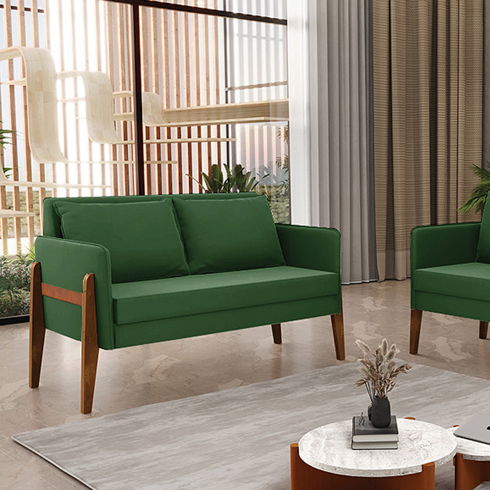 Namoradeira 2 Lugares Lana Suede Verde Base de Madeira - D'Rossi