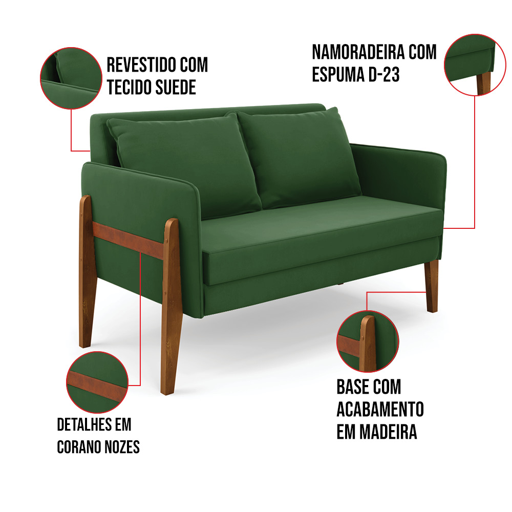 Namoradeira 2 Lugares Lana Suede Verde Base de Madeira - D'Rossi