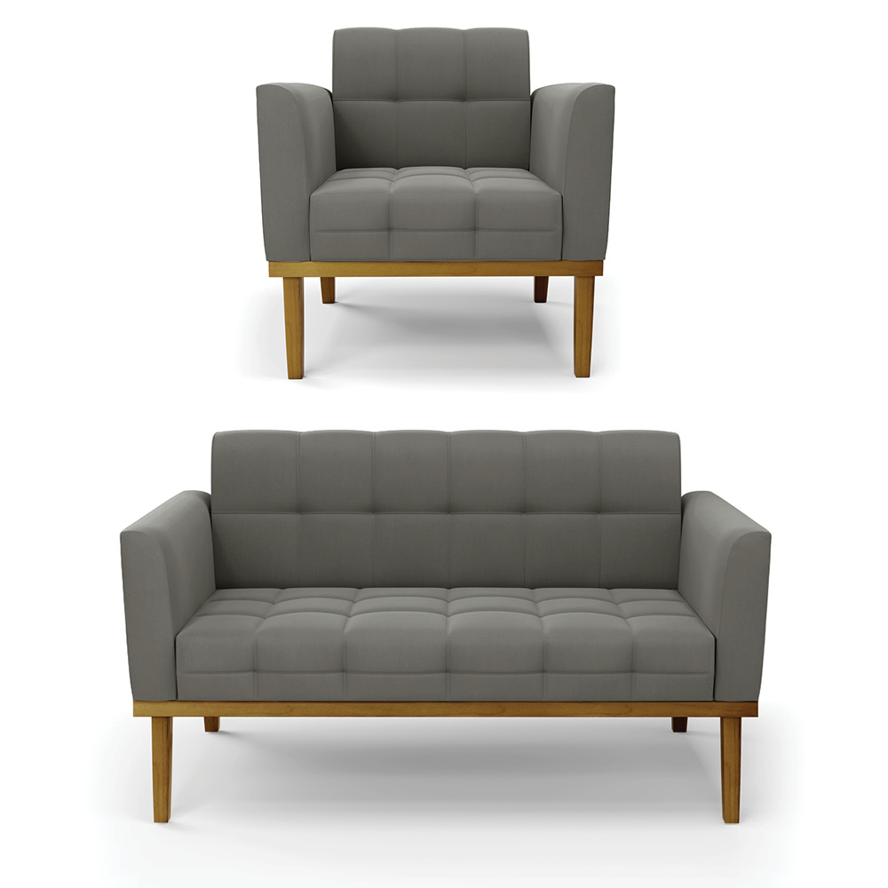 Namoradeira com Poltrona Base de Madeira Castanho Elisa Suede Grafite D03 - D'Rossi