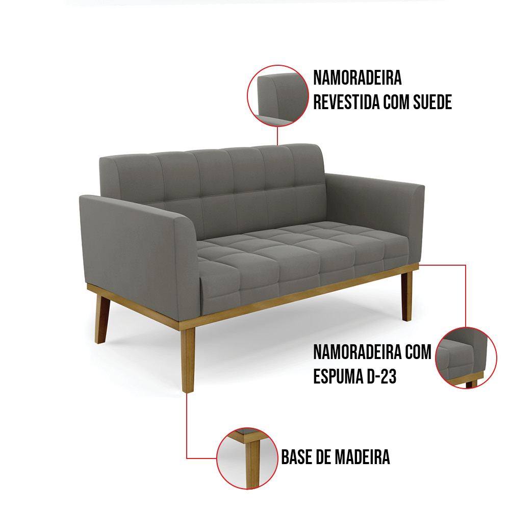 Namoradeira com Poltrona Base de Madeira Castanho Elisa Suede Grafite D03 - D'Rossi