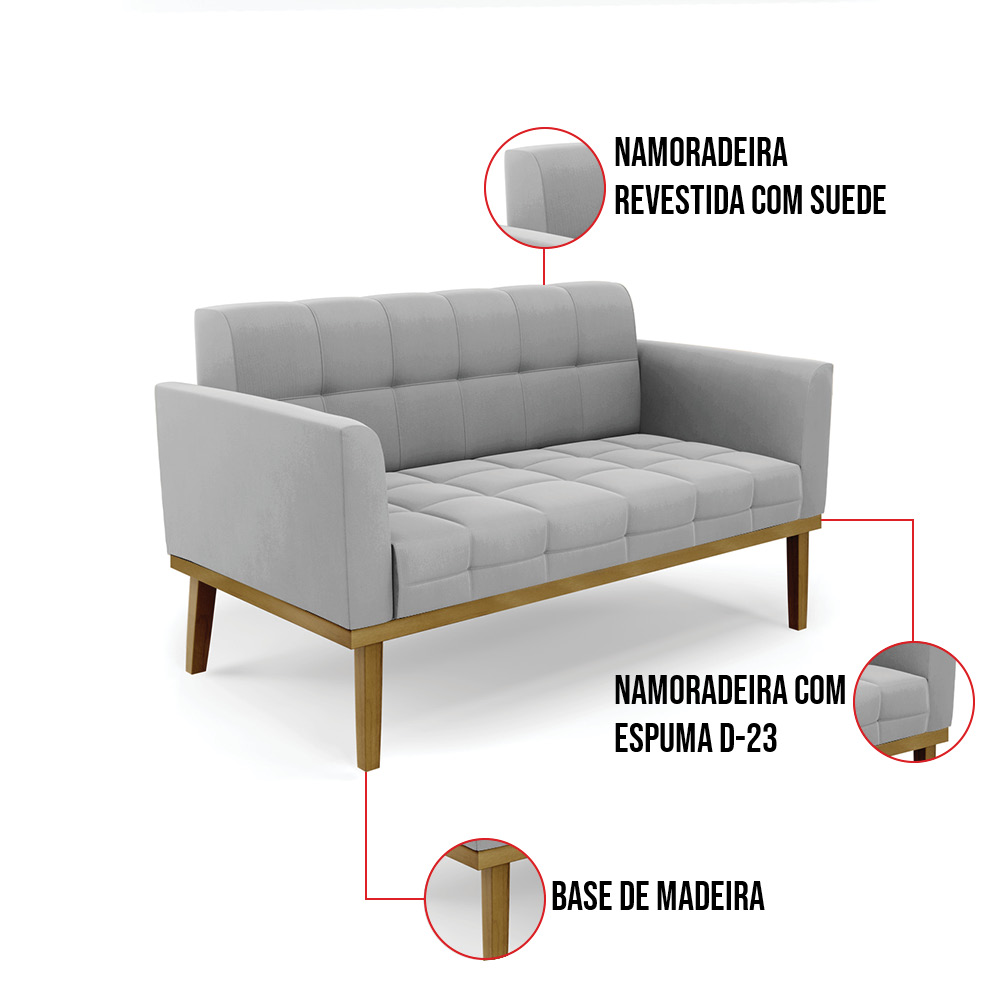 Namoradeira e 2 Poltronas Base de Madeira Castanho Elisa Suede Cinza D03 - D'Rossi