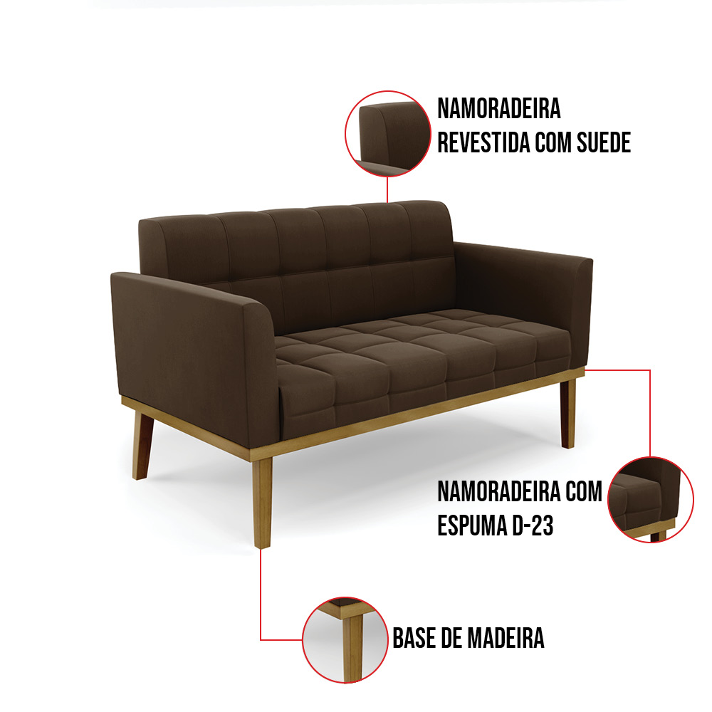 Namoradeira e 2 Poltronas Base de Madeira Castanho Elisa Suede Marrom D03 - D'Rossi