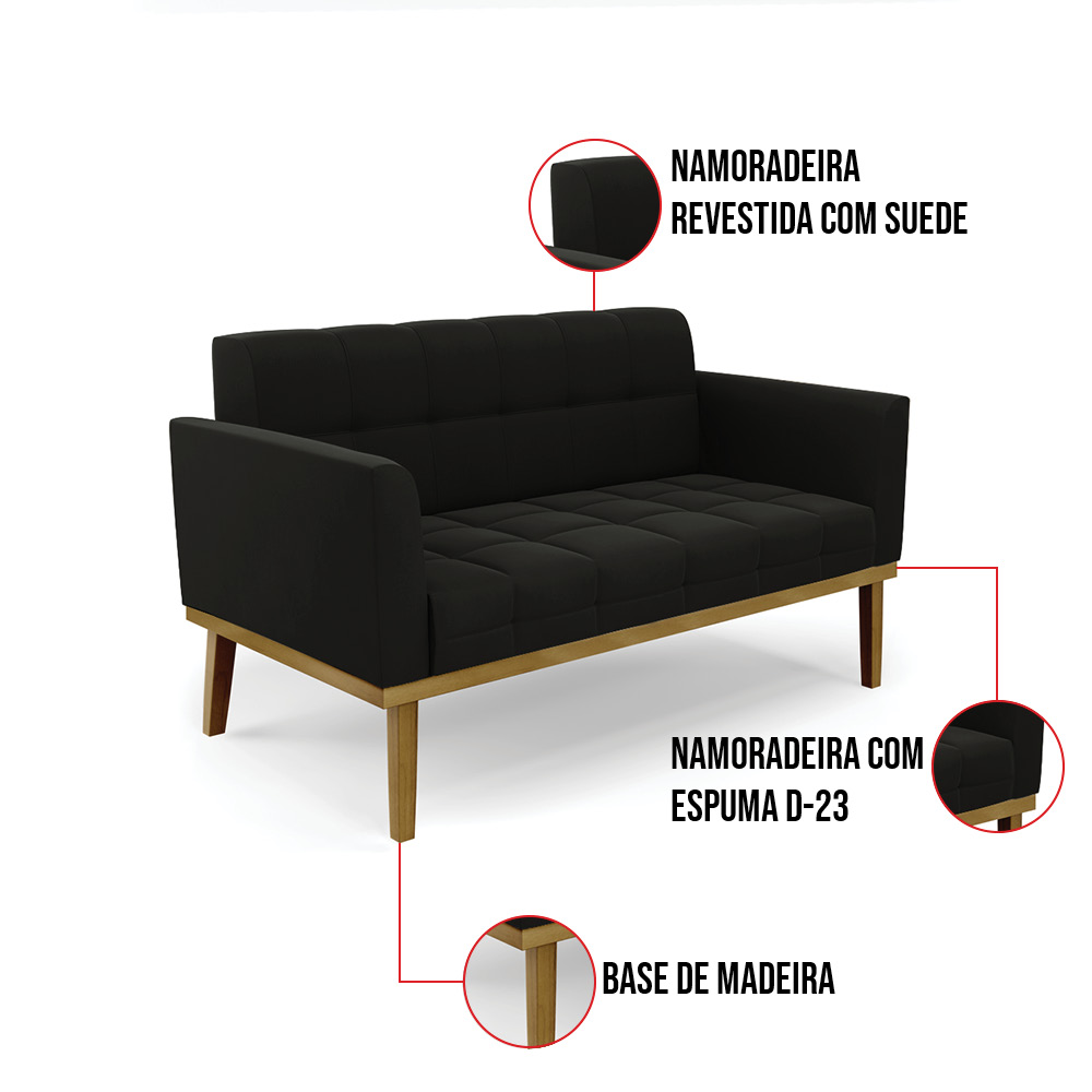 Namoradeira e 2 Poltronas Base de Madeira Castanho Elisa Suede Preto D03 - D'Rossi