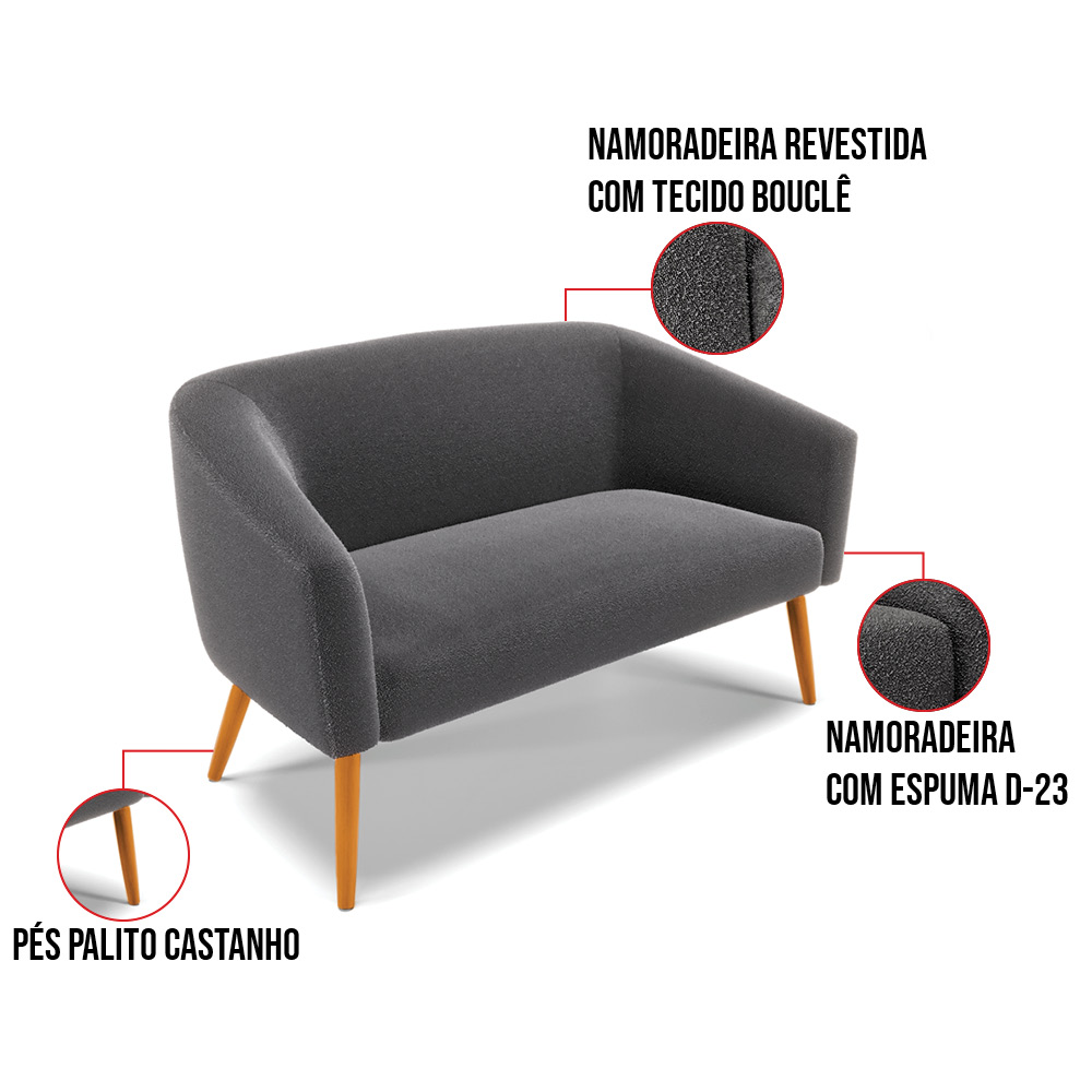 Namoradeira e 2 Poltronas Pé Palito Castanho Stella Bouclê Grafite D03 - D'Rossi