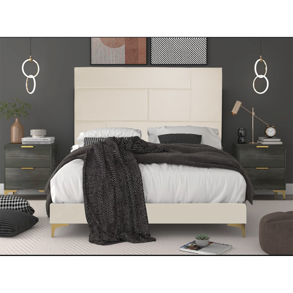Painel Elegance Cama Box Casal 140 cm Veludo Bege Trabalhado A85 - D'Rossi
