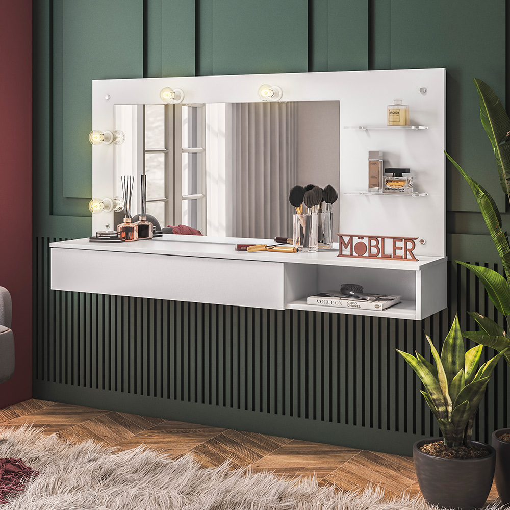 Penteadeira Camarim Suspenso Arlete com Espelho 01 Gaveta 135 cm Branco - D'Rossi